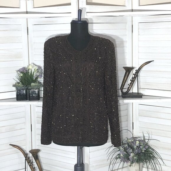 Vintage 100% silk gold beaded sequined brown blazer long sleeves blouse Sz S - Picture 1 of 11
